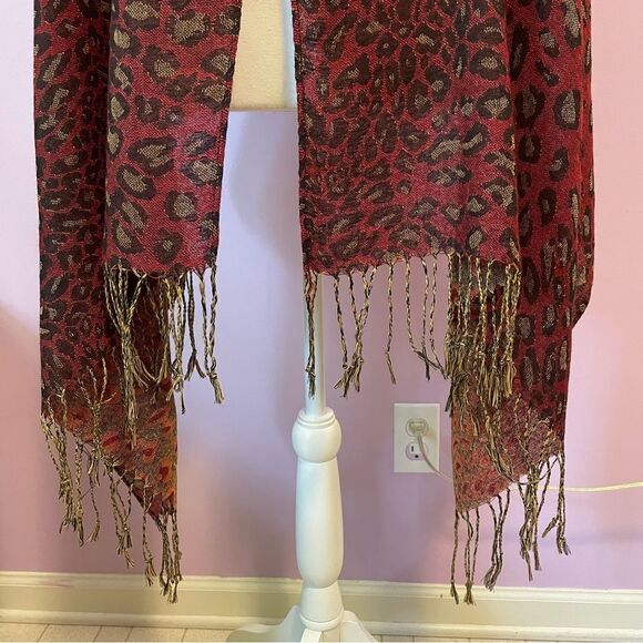 Pashmina Scarf Silk Blend Wrap Red Leopard Animal Print Fringe Shawl - Picture 7 of 10